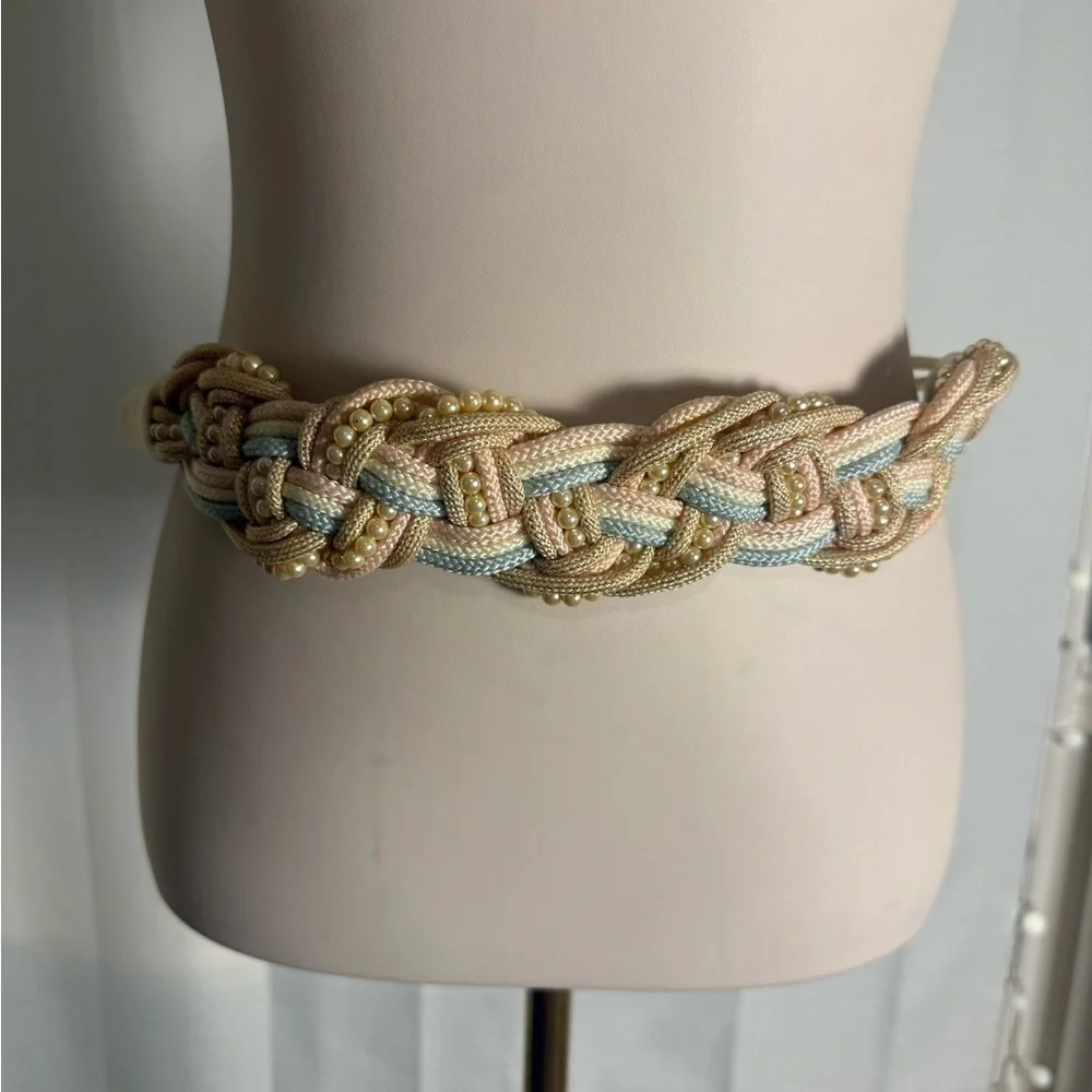 Vintage Braided Rope Belt Pearl Detail Pastel Boho Waist Belt 36”